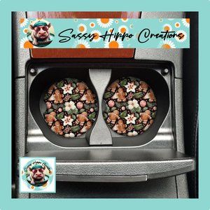Car Coasters Christmas Gingerbread Man Flowers Set of 2 Neoprene Absorbent